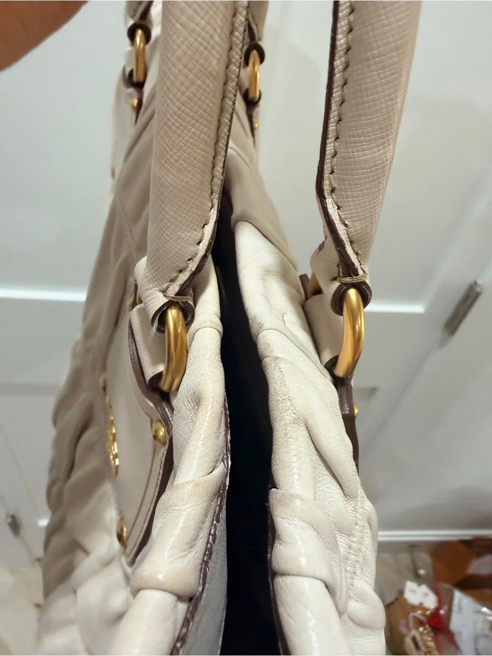 PRADA Gaufre Tote Bag Beige Lambskin Leather | Gold Hardware | VERY GOOD ❣️ - Picture 15 of 17